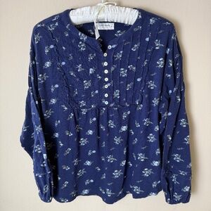 Lucky Brand Peasant Blouse Womens Medium Navy Blue Floral Boho Hippie Top Shirt